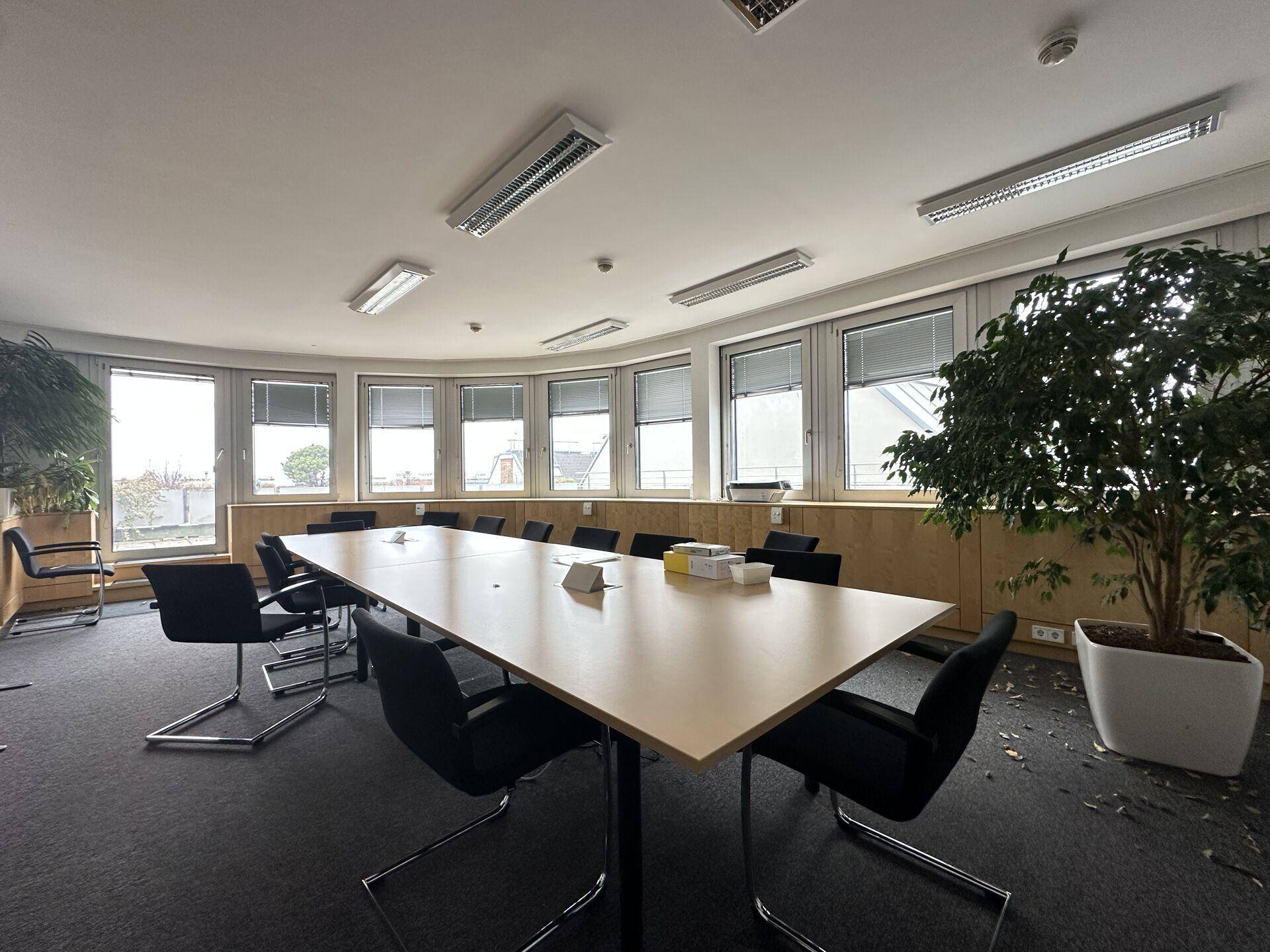 Großer Konferenzraum mit langem Holztisch, vielen Stühlen und Fenstern mit Blick nach draußen.