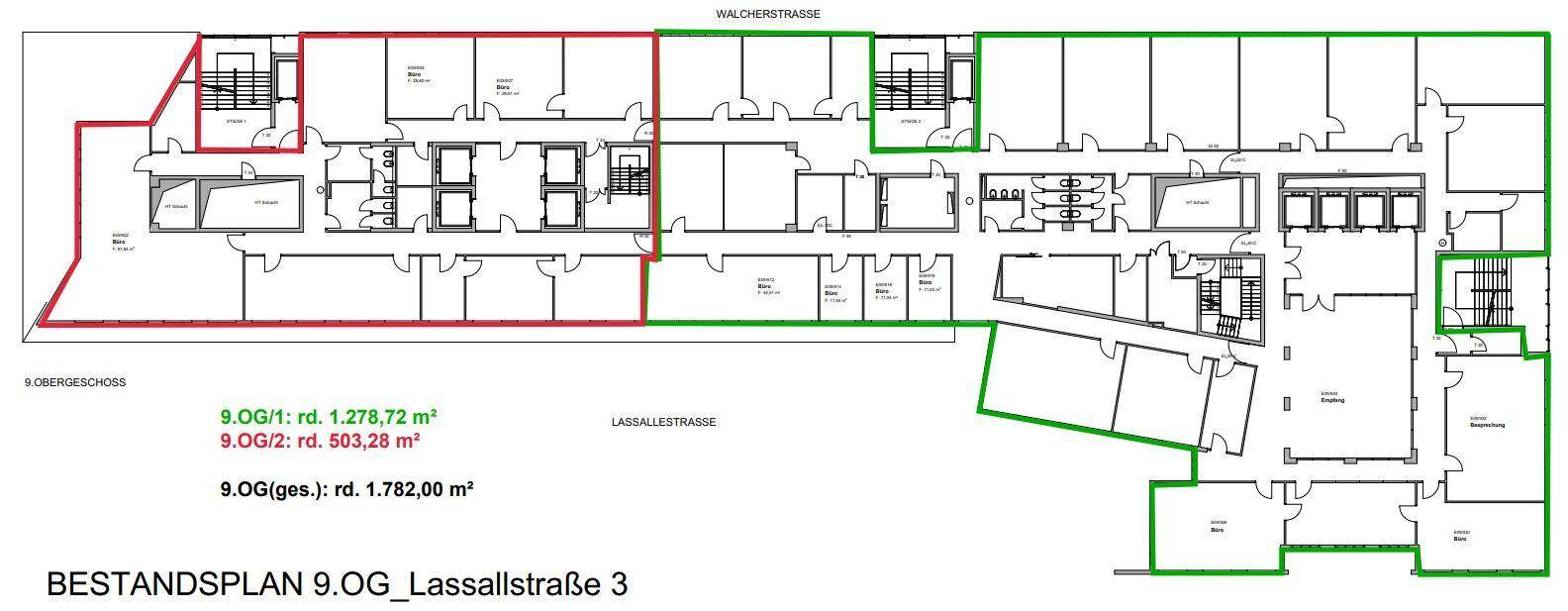 Grundriss des 9. Obergeschosses mit verschiedenen Bürobereichen und Gesamtflächenangaben.