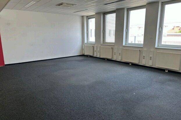 Heller Büroraum mit Teppichboden, Heizkörpern unter den Fenstern und abgehängter Decke.