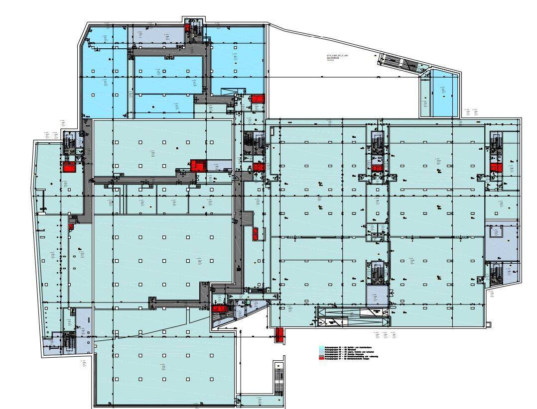 Umfassender Grundriss einer Etage mit vielen kleinen Räumen und einem klaren Rasterlayout.