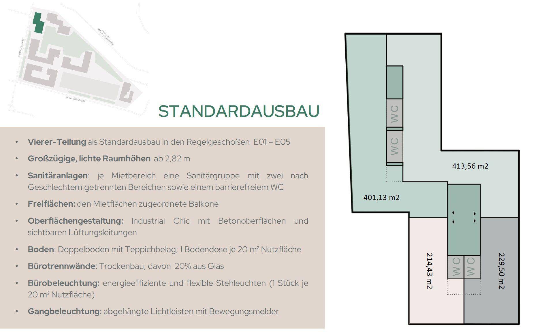 Grundriss des Standardausbaus mit Büroflächen, Sanitärbereichen und Gesamtflächenangaben in Quadratmetern.