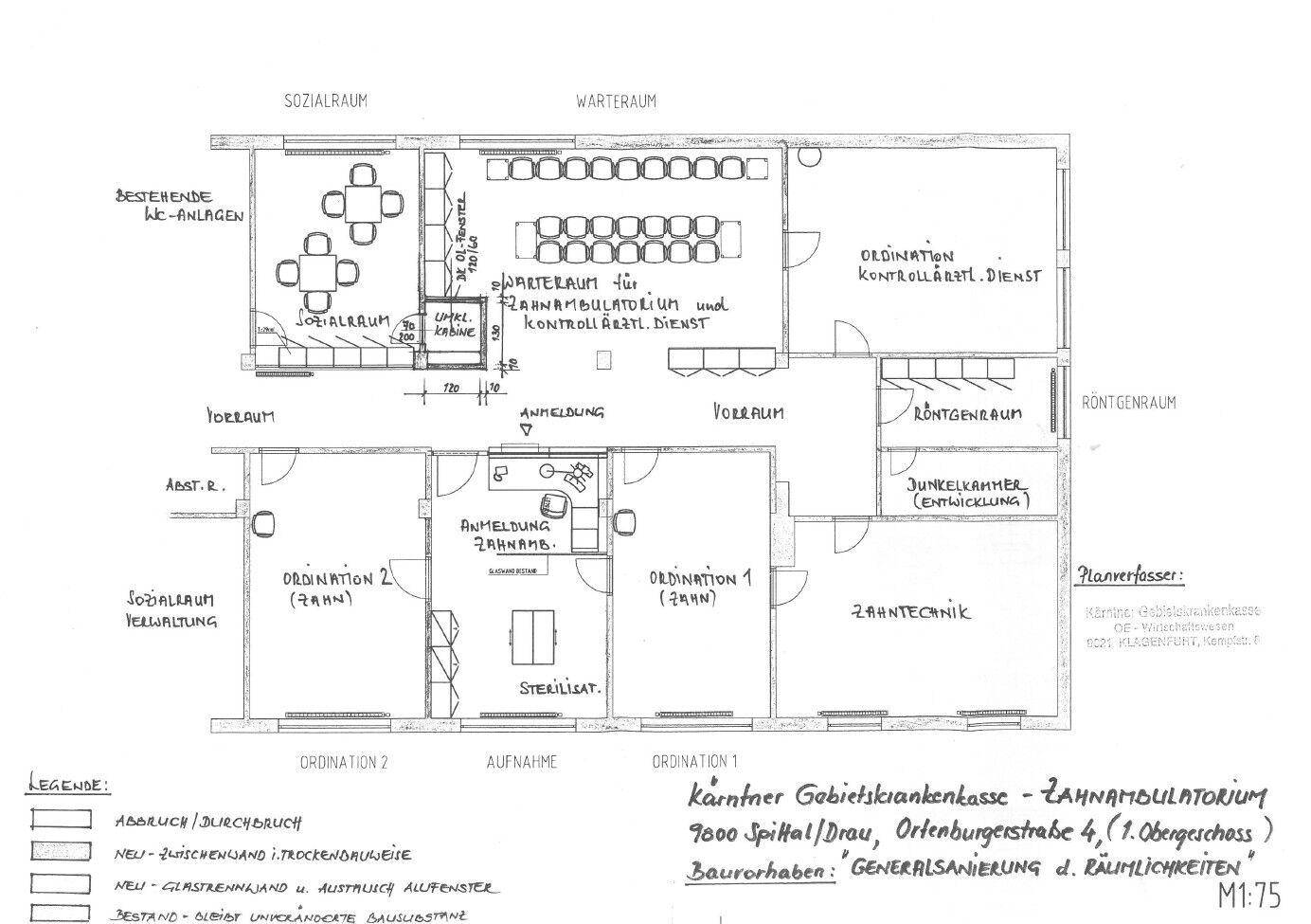 Detaillierter Grundriss eines Zahnambulatoriums mit verschiedenen Ordinations- und Sozialräumen.