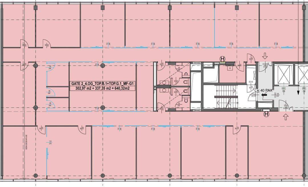 Grundriss einer Büroetage mit hervorgehobenen Mietflächen, Sanitärbereichen und Treppenhäusern.