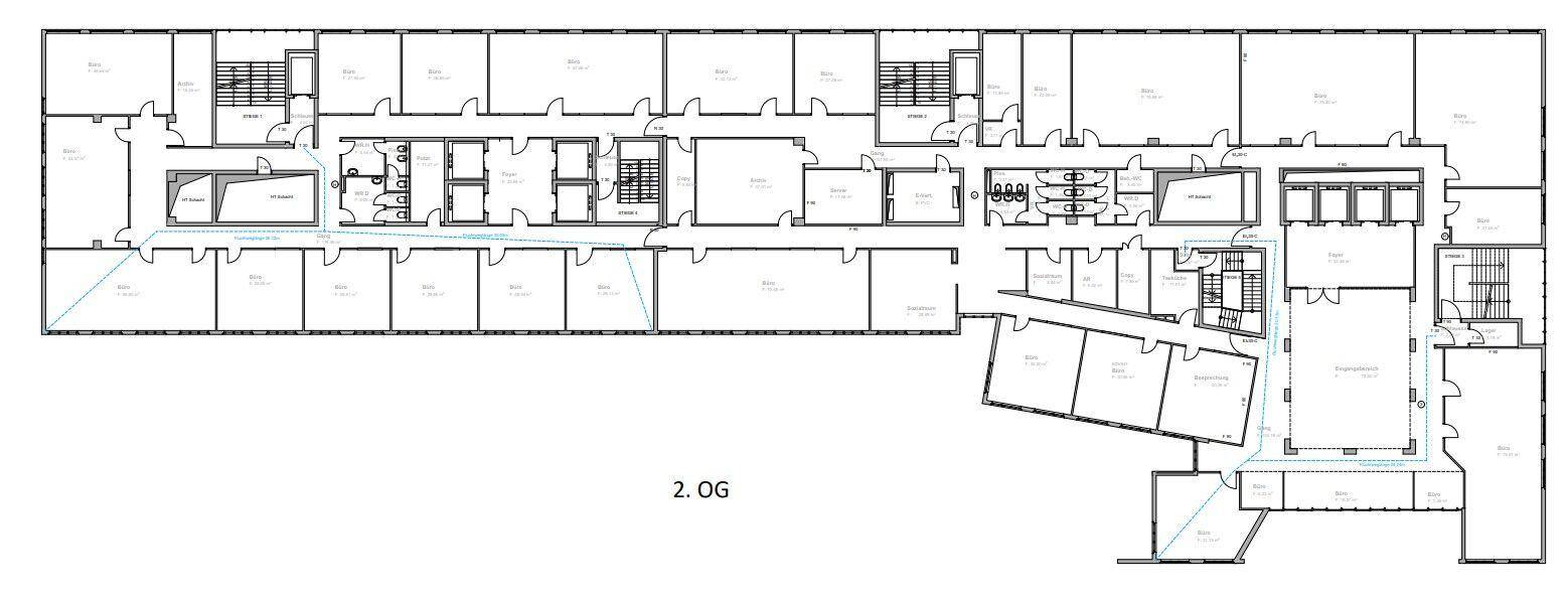 Grundriss des zweiten Obergeschosses mit vielen Büroräumen und Fluren, die eine flexible Nutzung ermöglichen.