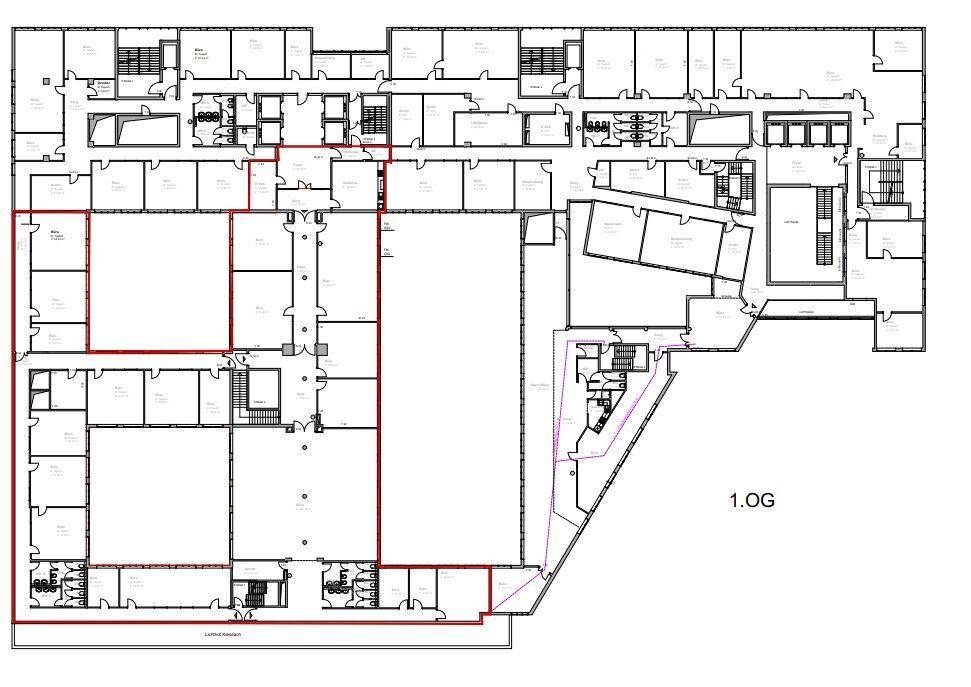 Grundriss des ersten Obergeschosses mit markierten Bereichen, die verschiedene Büroeinheiten darstellen.