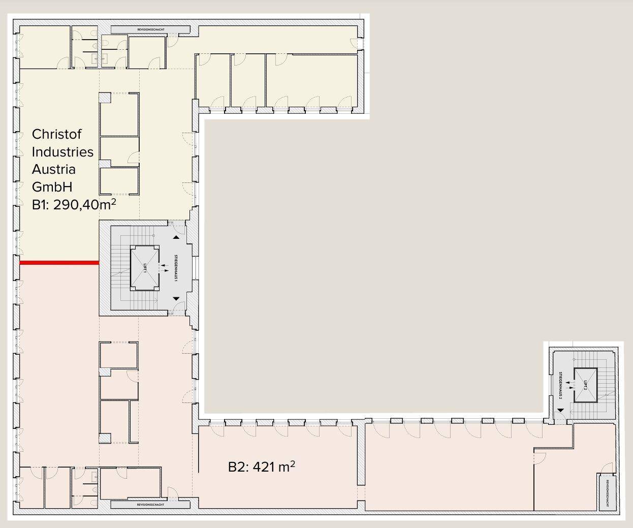 Detaillierter Grundrissplan eines Bürogebäudes mit mehreren Einheiten und Aufzügen.