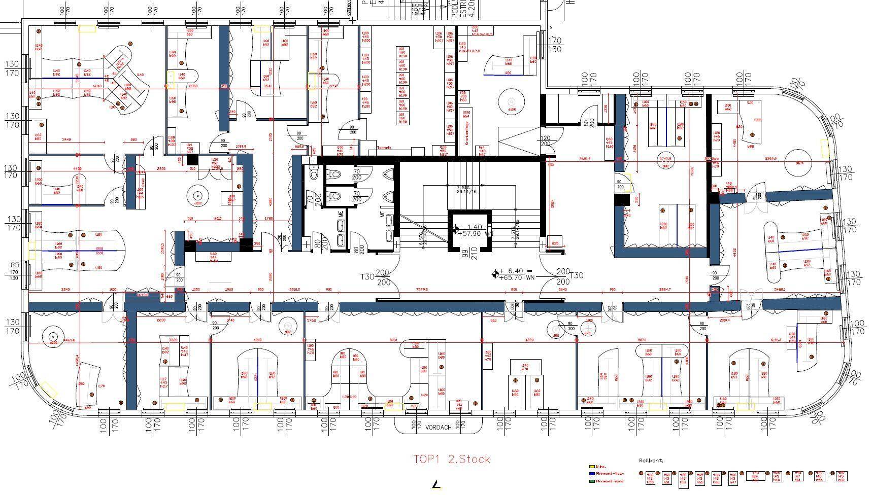 Grundriss des zweiten Stocks mit Büroeinheiten, Sanitärbereichen und Treppenhaus.