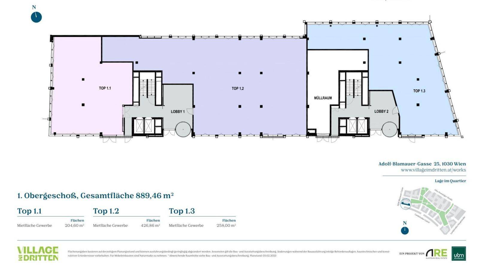 Grundriss des 1. Obergeschosses mit flexiblen Gewerbeflächen und zentralen Lobbys.