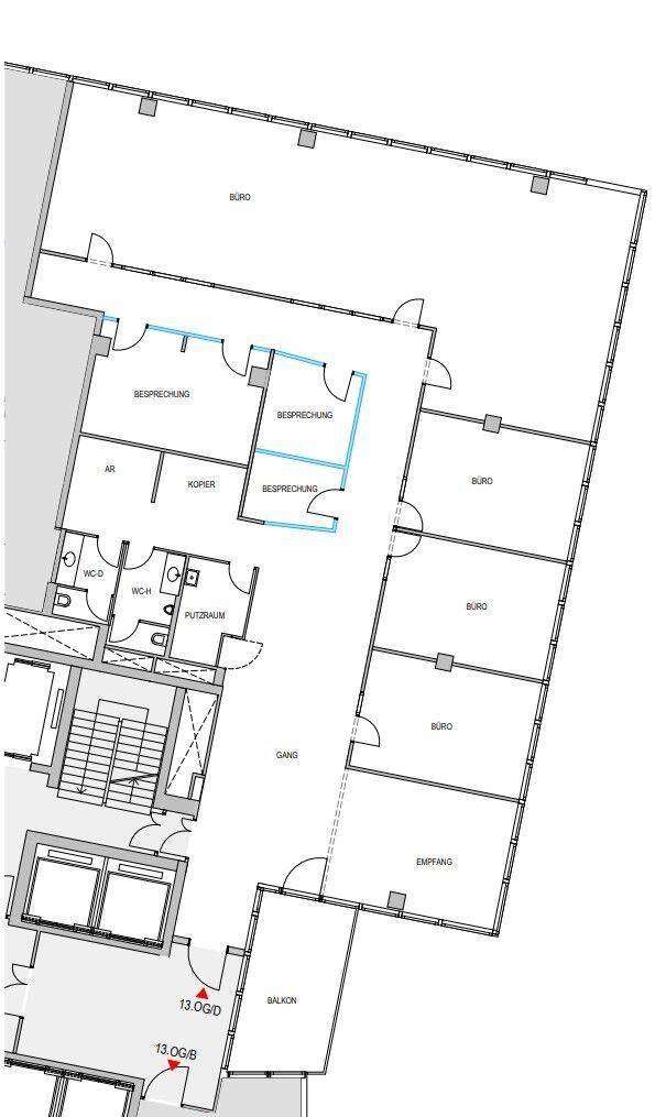 Grundriss des 13. Obergeschosses mit Büros, Besprechungsräumen, Balkon und Empfangsbereich.