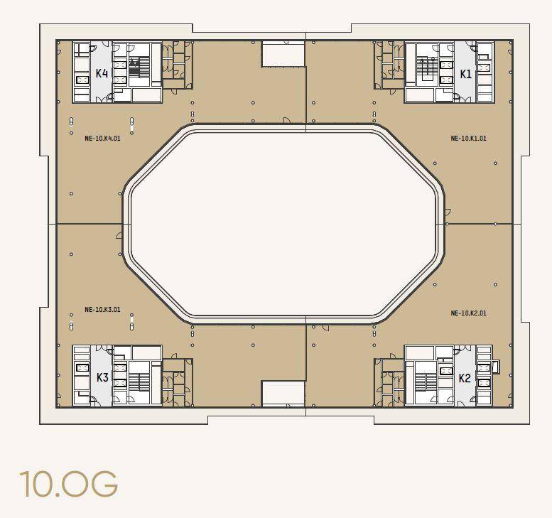 Grundriss der zehnten Etage eines Bürogebäudes mit großem zentralen Lichthof und vier Kernbereichen.