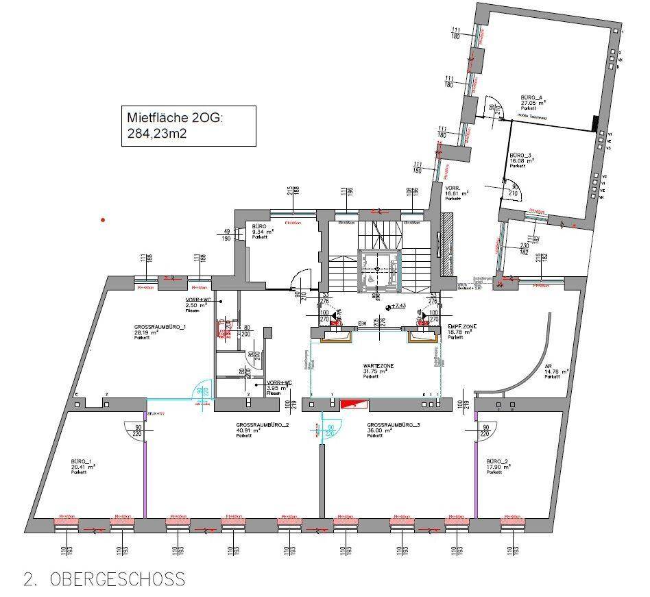 Grundriss des zweiten Obergeschosses mit mehreren Büroräumen und einer Wartezone.