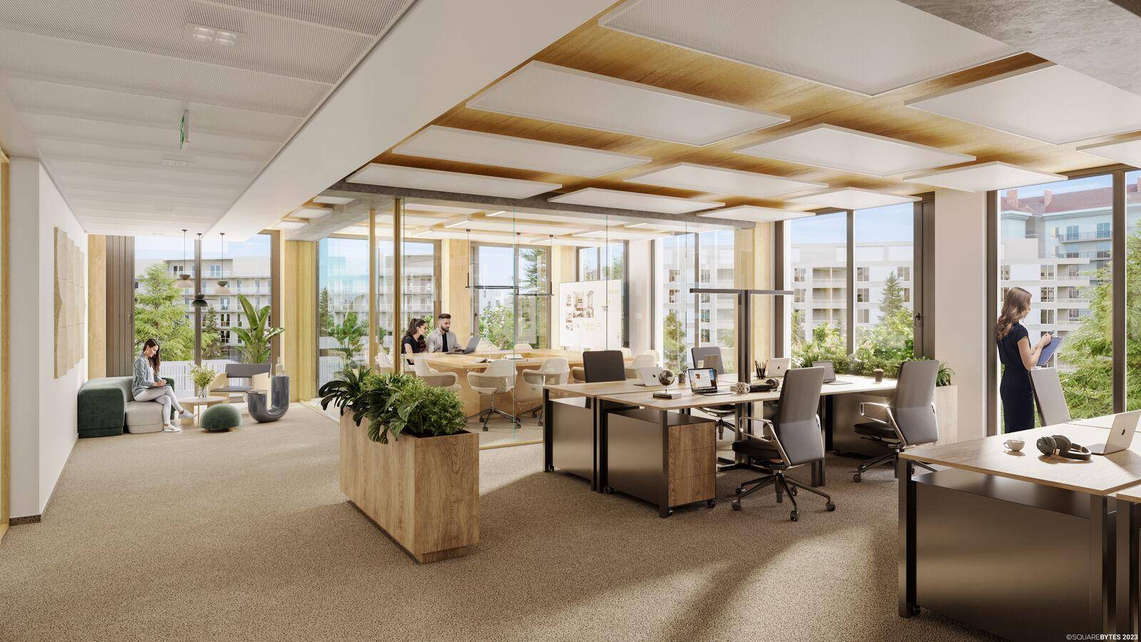 Helles, modernes Großraumbüro mit großen Fenstern, Teppichboden und ergonomischen Arbeitsplätzen.
