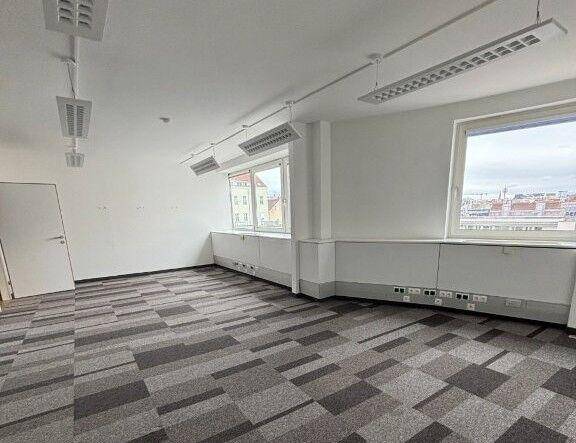 Geräumiges, leeres Büro mit Teppichboden und einer Reihe von Fenstern, die viel Tageslicht hereinlassen.