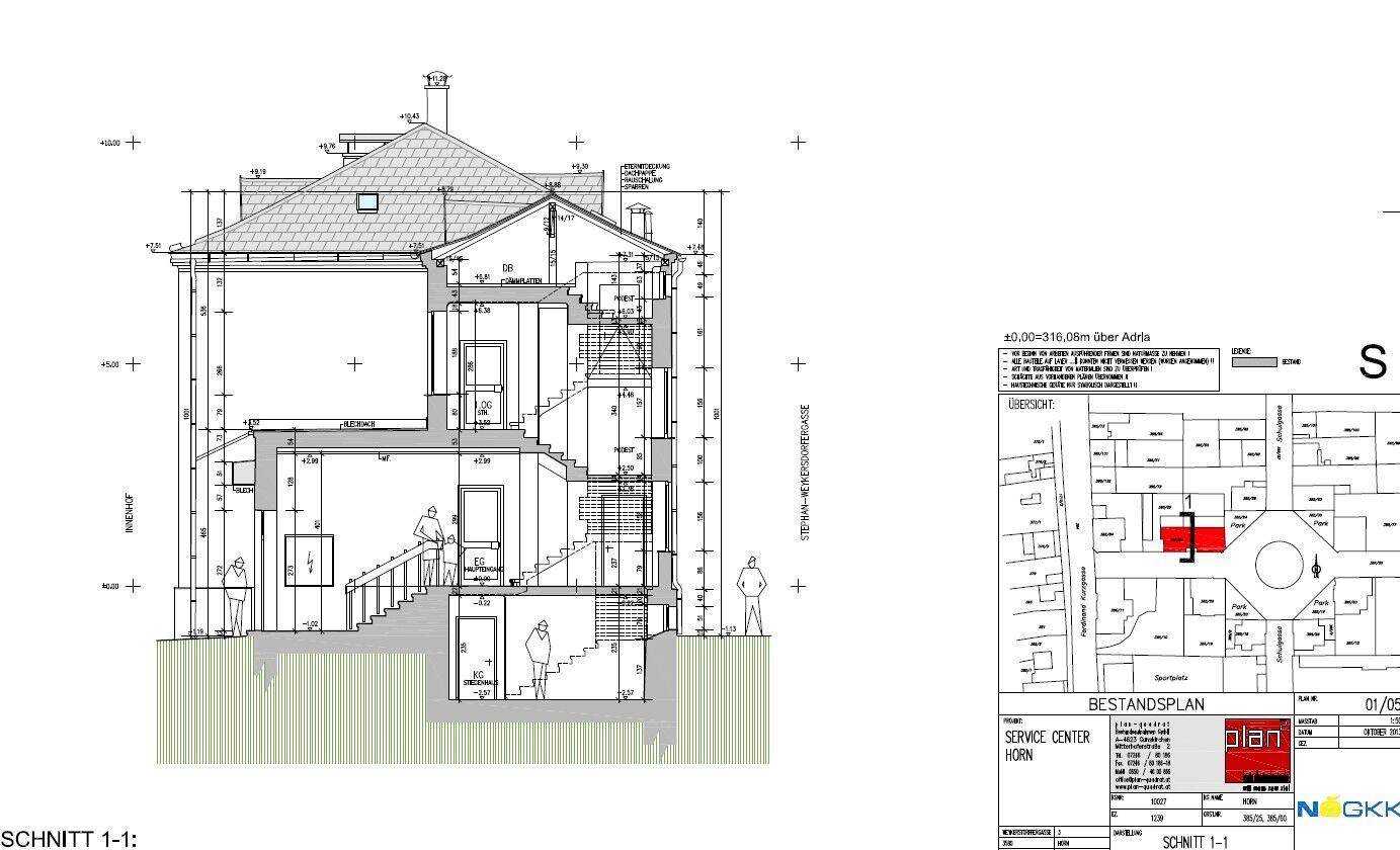 Architektonischer Schnitt durch das Gebäude, der die verschiedenen Ebenen und die Dachkonstruktion zeigt.