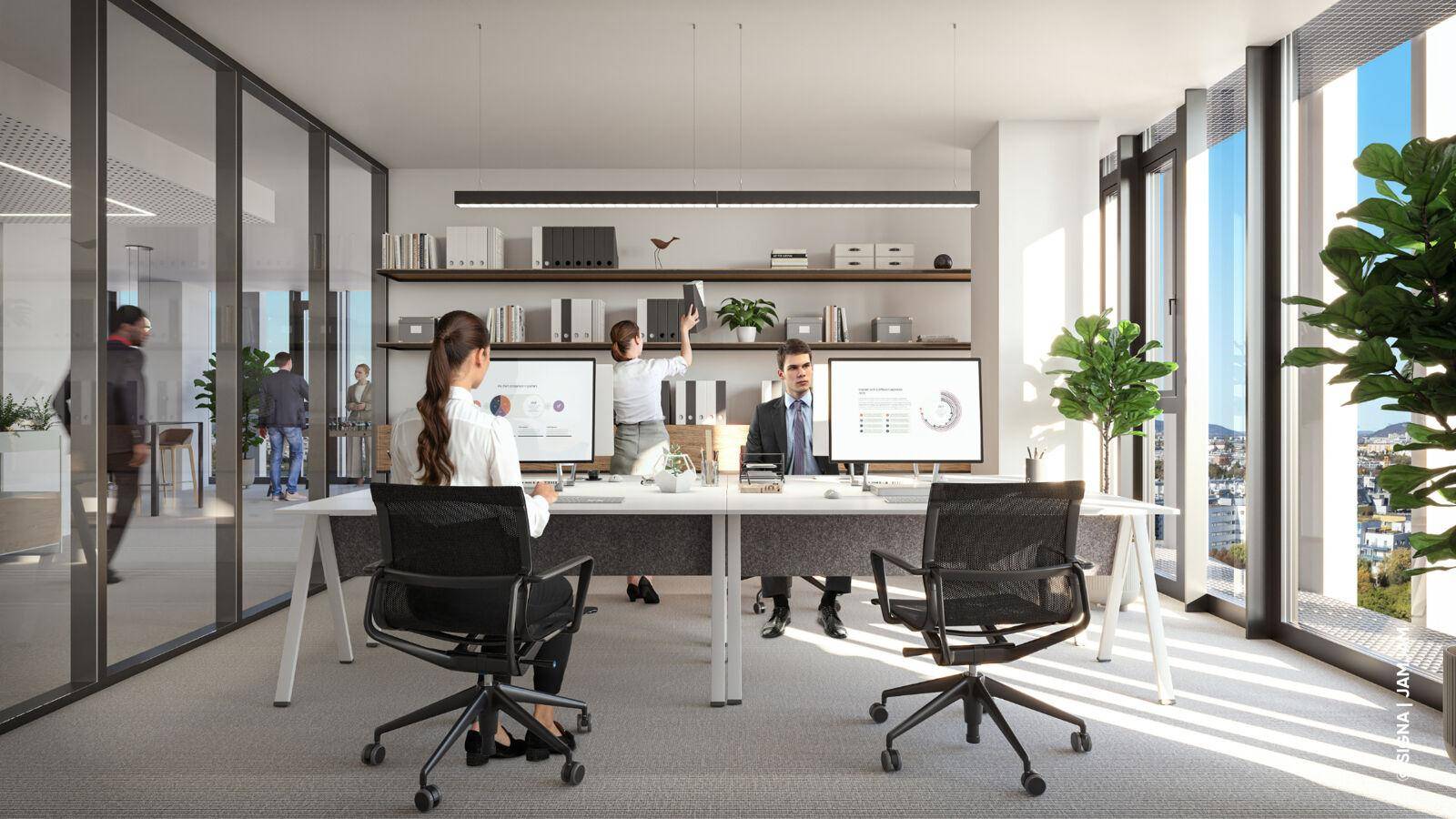 Modernes Büro mit Glaswänden, großen Fenstern und Blick auf die Umgebung.