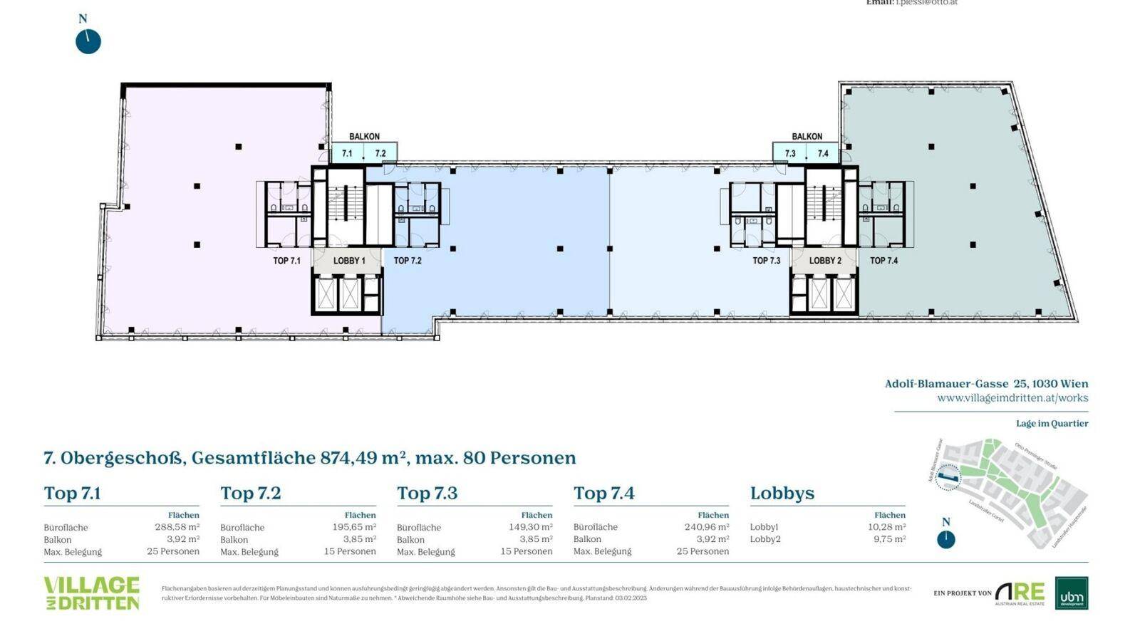 Grundriss des 7. Obergeschosses mit Balkonen und detaillierten Flächenangaben für Büroeinheiten.