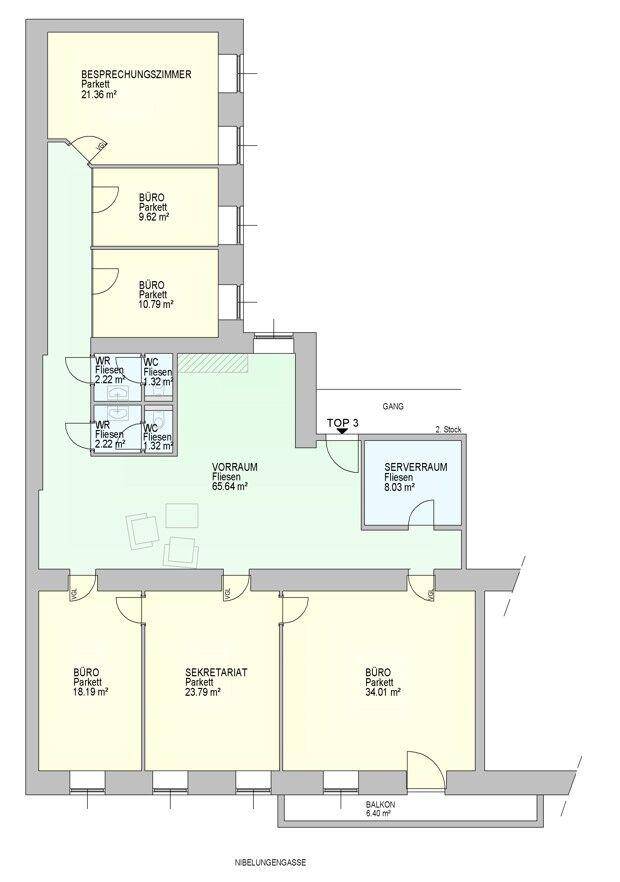 Farbiger Grundrissplan mit verschiedenen Büroräumen, Besprechungszimmer und Sanitäranlagen.
