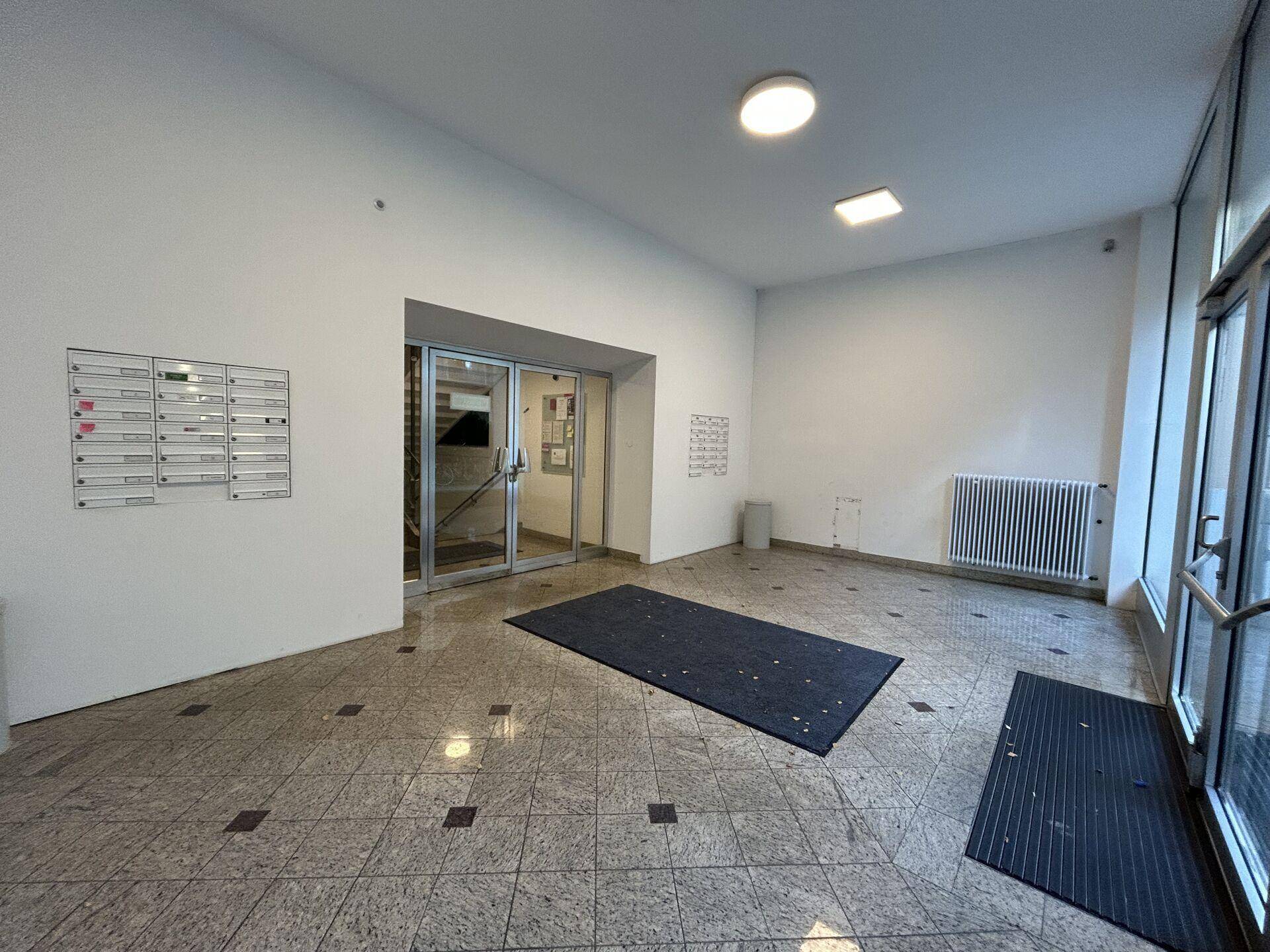 Geräumiger Eingangsbereich mit Fliesenboden, Briefkästen und Glastüren, die zum Treppenhaus führen.
