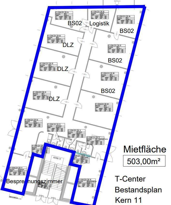 Bestandsplan eines Bürogeschosses mit einer Mietfläche von 503,00m² und verschiedenen Raumaufteilungen.