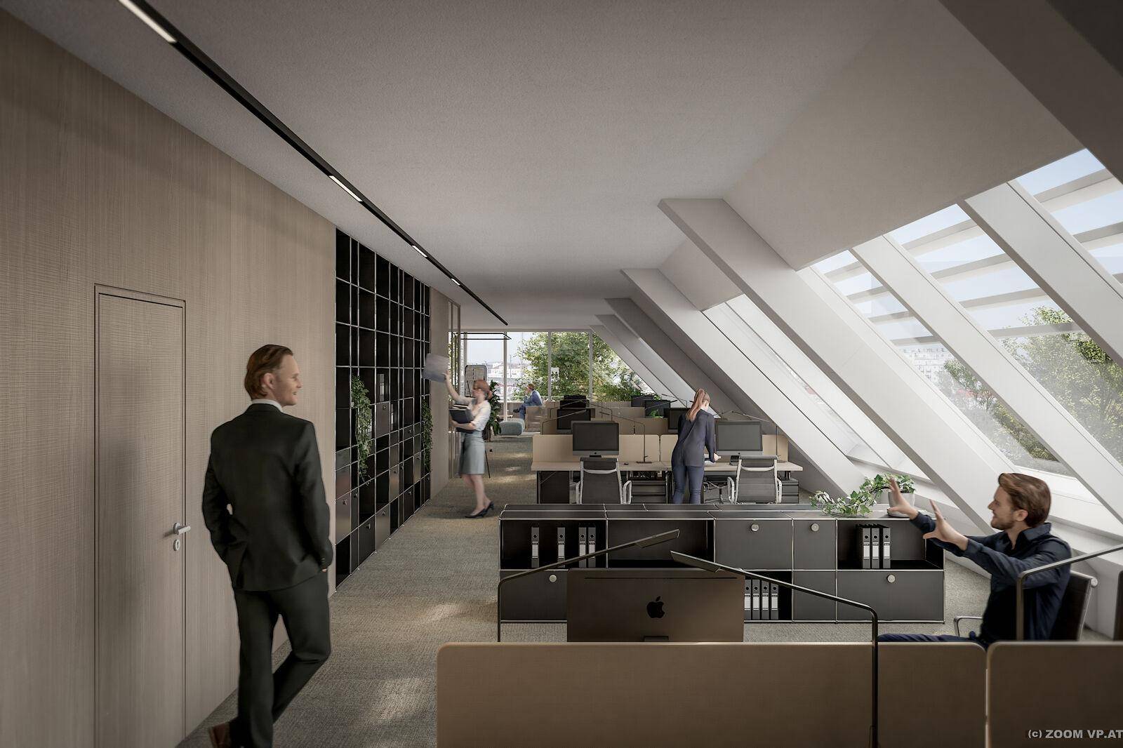 Modernes Büro im Dachgeschoss mit schrägen Decken, Dachfenstern und Holzverkleidung.