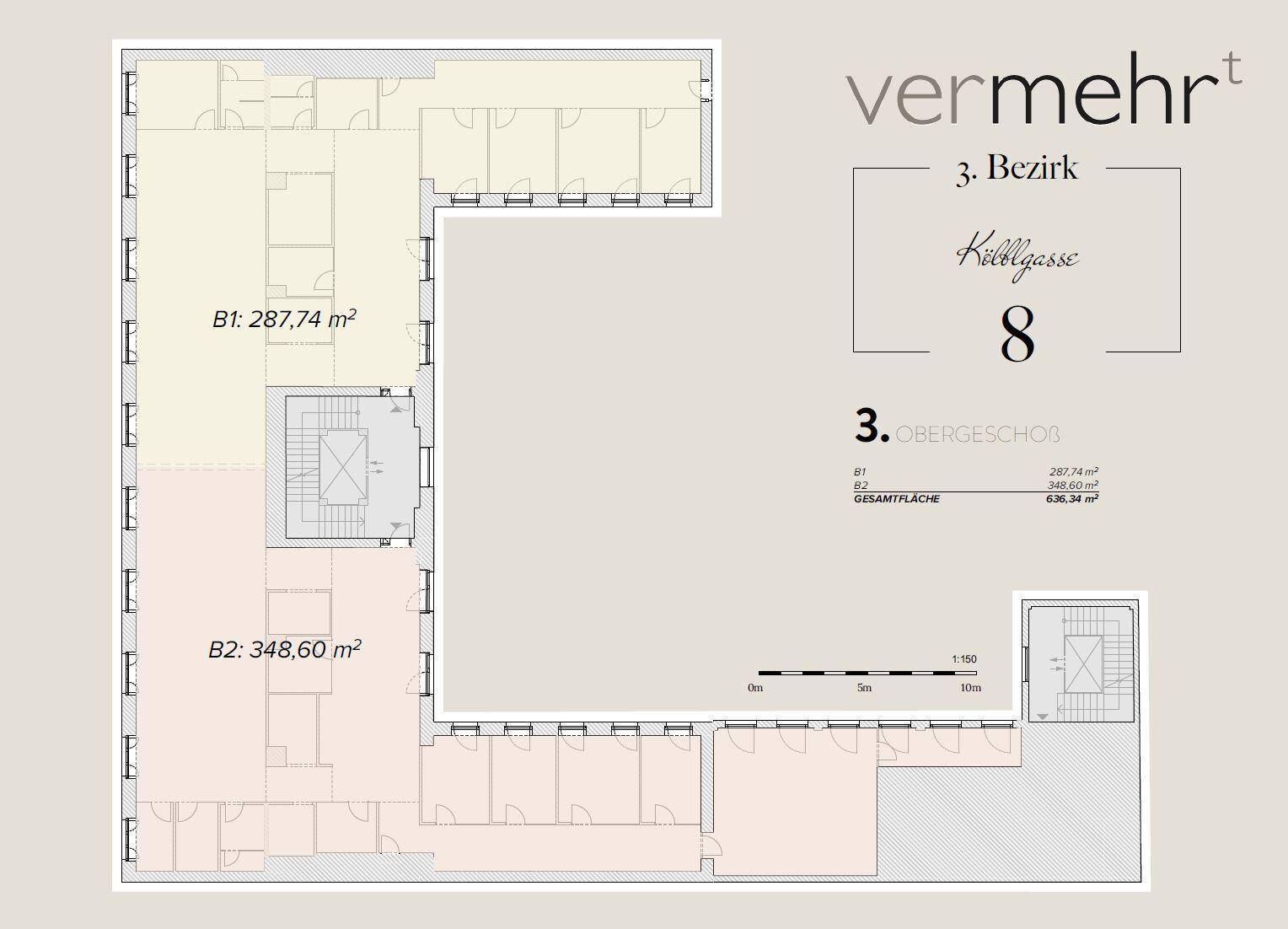 Grundriss des dritten Obergeschosses mit zwei separaten Bürobereichen und Treppenhaus.