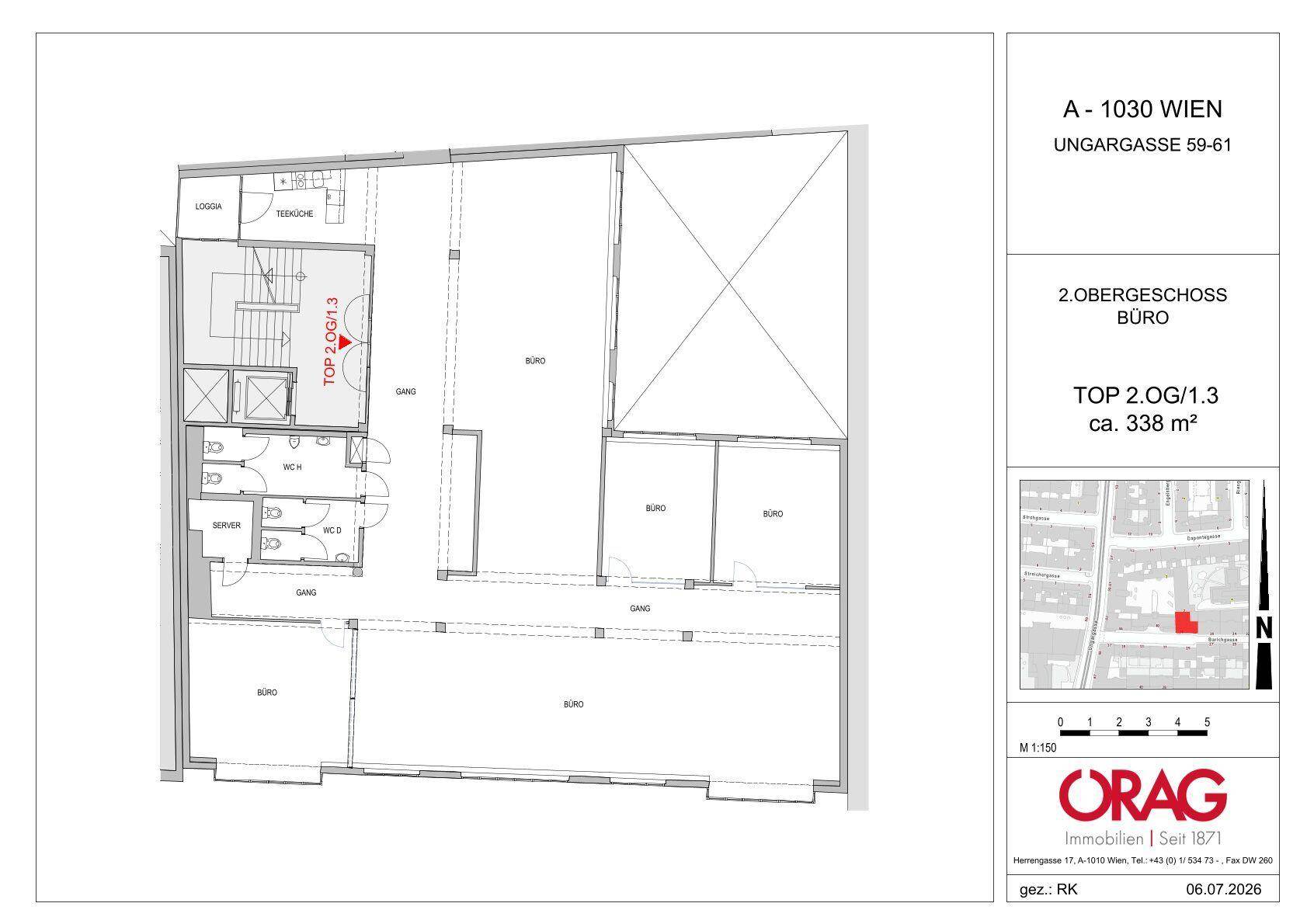 Grundriss des zweiten Obergeschosses mit Büroräumen, Loggia und Teeküche.
