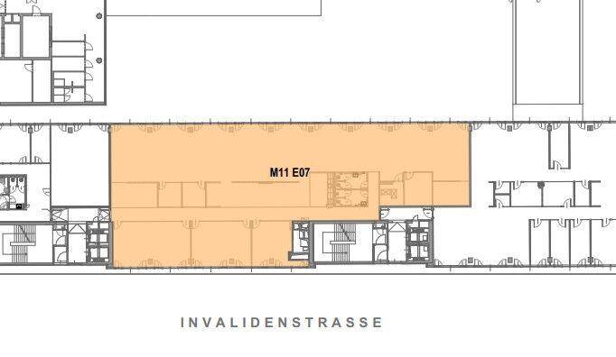 Grundrissplan eines großen Gewerbebereichs mit mehreren Räumen und Zugang zur Invalidenstraße.