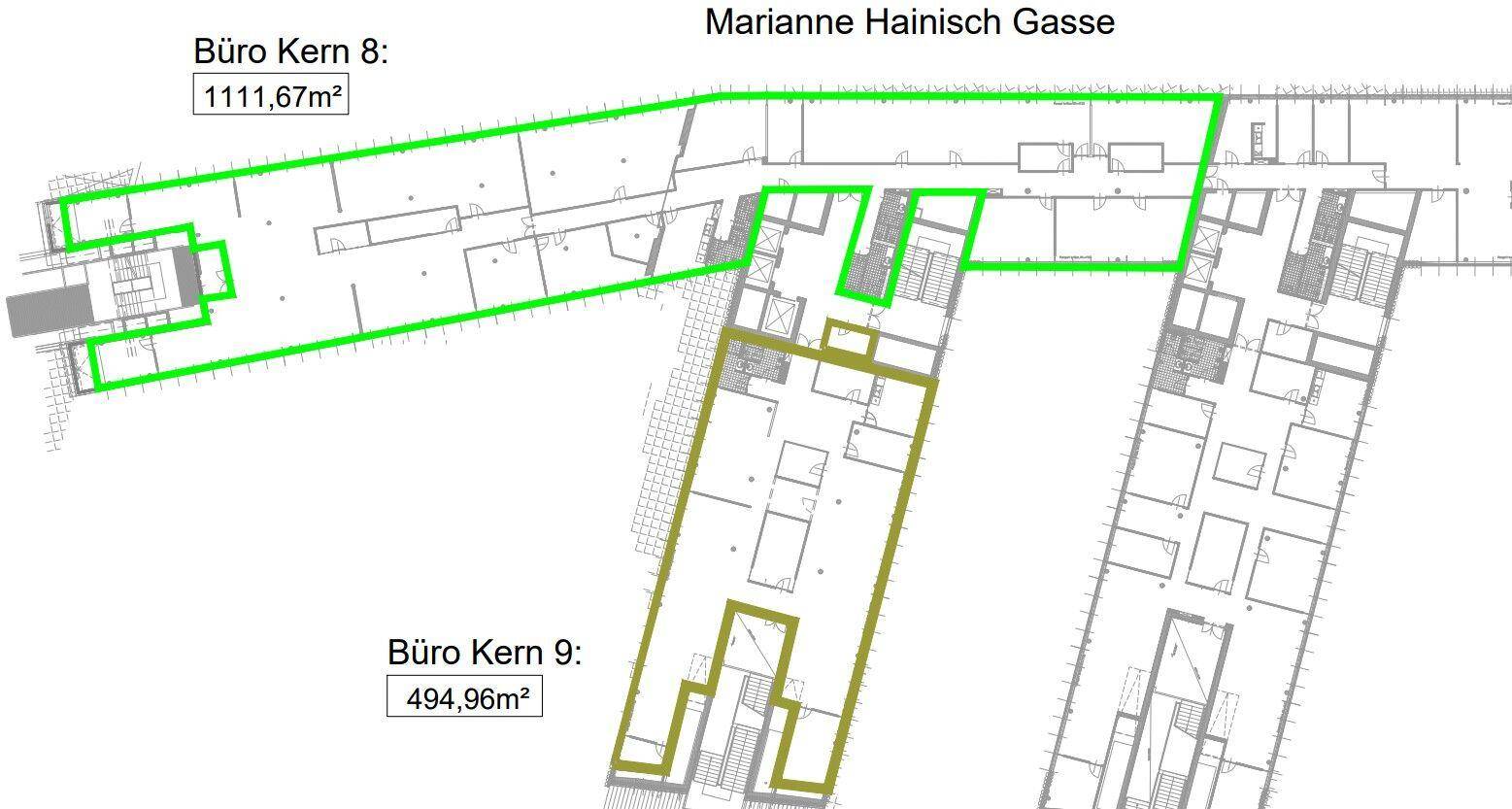 Umfassender Grundriss eines Bürogebäudes mit verschiedenen Kernbereichen und Gesamtflächenangaben.