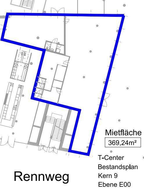 Bestandsplan eines Bürogeschosses mit einer Mietfläche von 369,24m² und der Bezeichnung Rennweg.