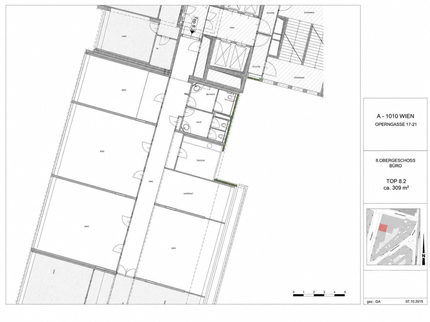 Teilgrundriss des 8. Obergeschosses, Bereich TOP 8.2, mit einer Fläche von ca. 309 m².