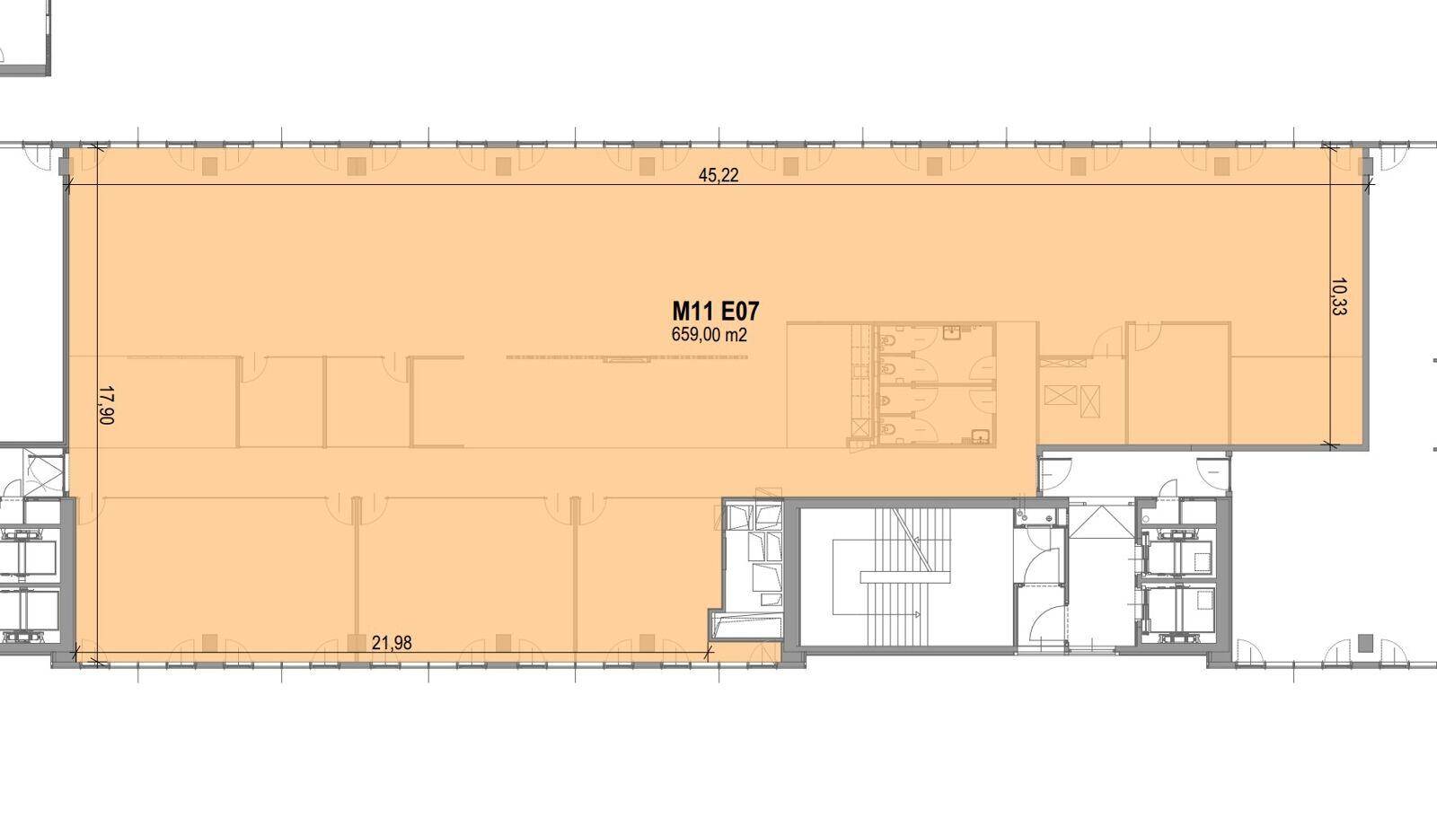 Detaillierter Grundrissplan eines Gewerbebereichs von 659 m² mit genauen Abmessungen und Raumaufteilung.