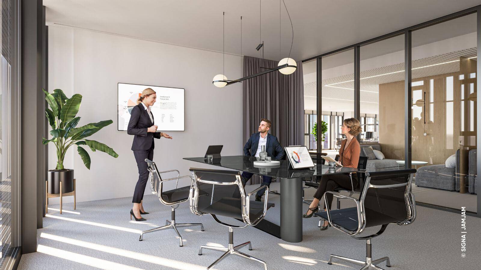 Eleganter Konferenzraum mit großem Glastisch, modernen Leuchten und Blick nach draußen.