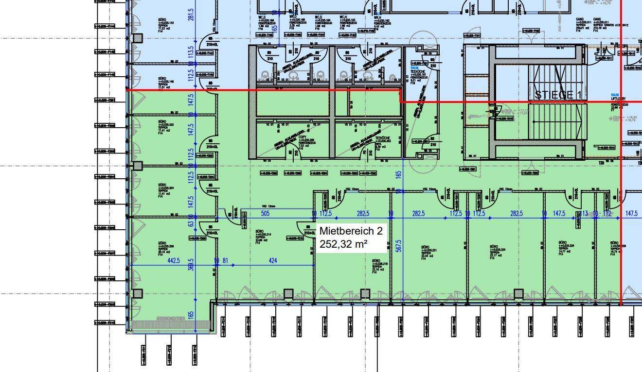 Grundriss eines Bürogeschosses mit verschiedenen Mietbereichen und einem zentralen Treppenhaus.