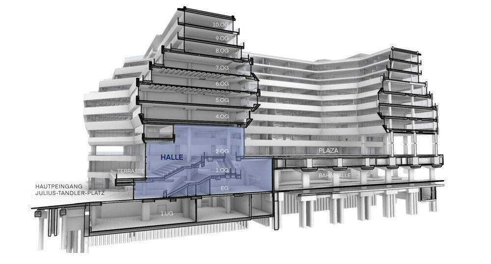 Architektonischer Querschnitt eines modernen Gebäudes mit mehreren Etagen und einer hohen Halle.