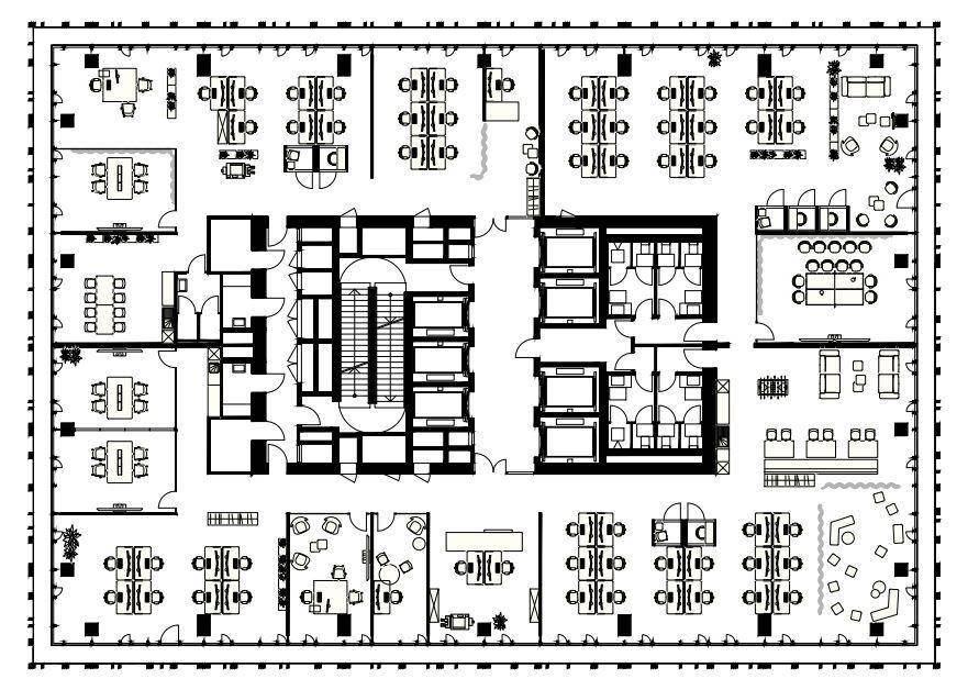 Übersichtlicher Grundriss einer Büroetage mit flexiblen Arbeitsplatzkonfigurationen und Gemeinschaftsbereichen.