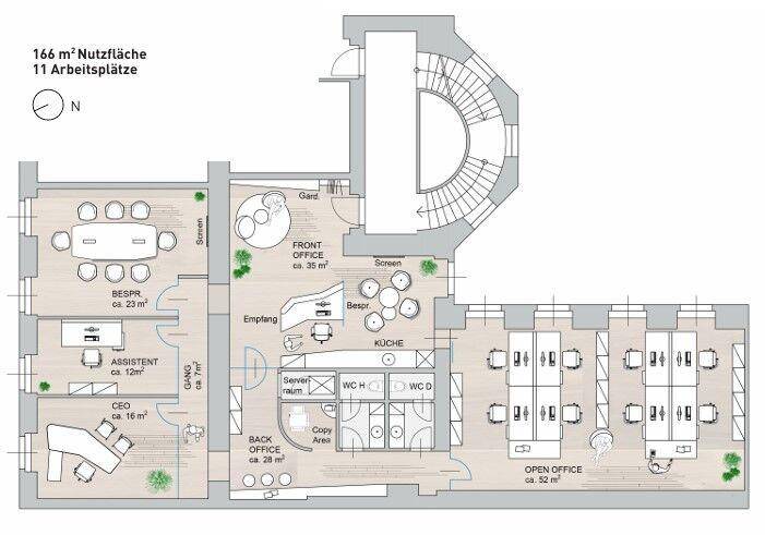 Detaillierter Grundriss mit 166 m² Nutzfläche und elf Arbeitsplätzen.