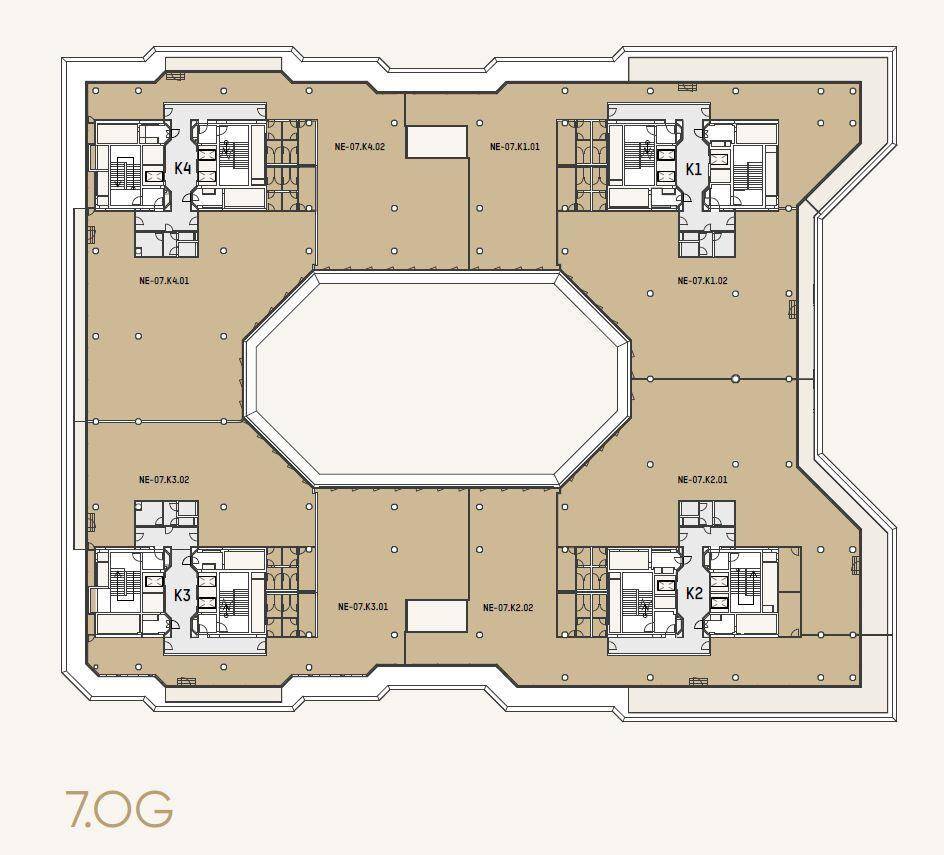 Grundriss der siebten Etage eines Bürogebäudes mit zentralem Lichthof und vier Kernbereichen.