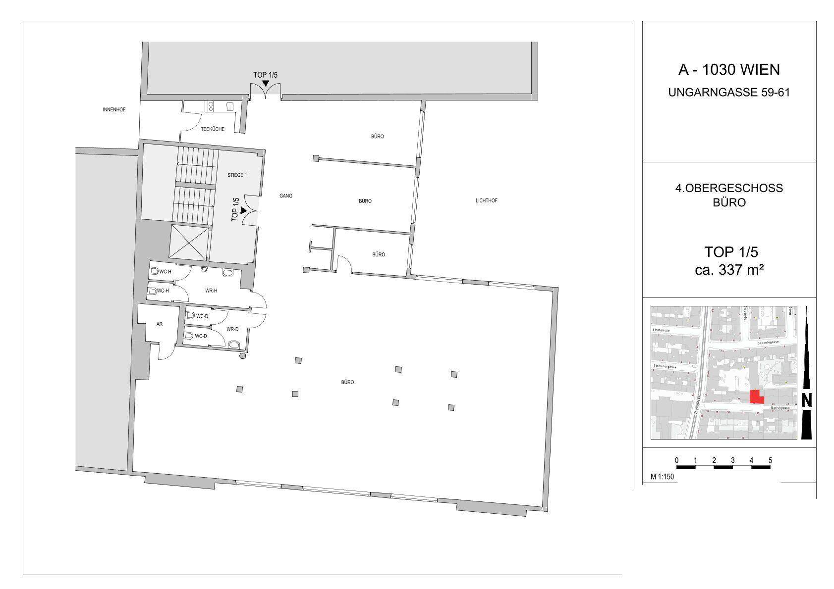 Grundriss des vierten Obergeschosses mit flexiblen Büroräumen und Teeküche.
