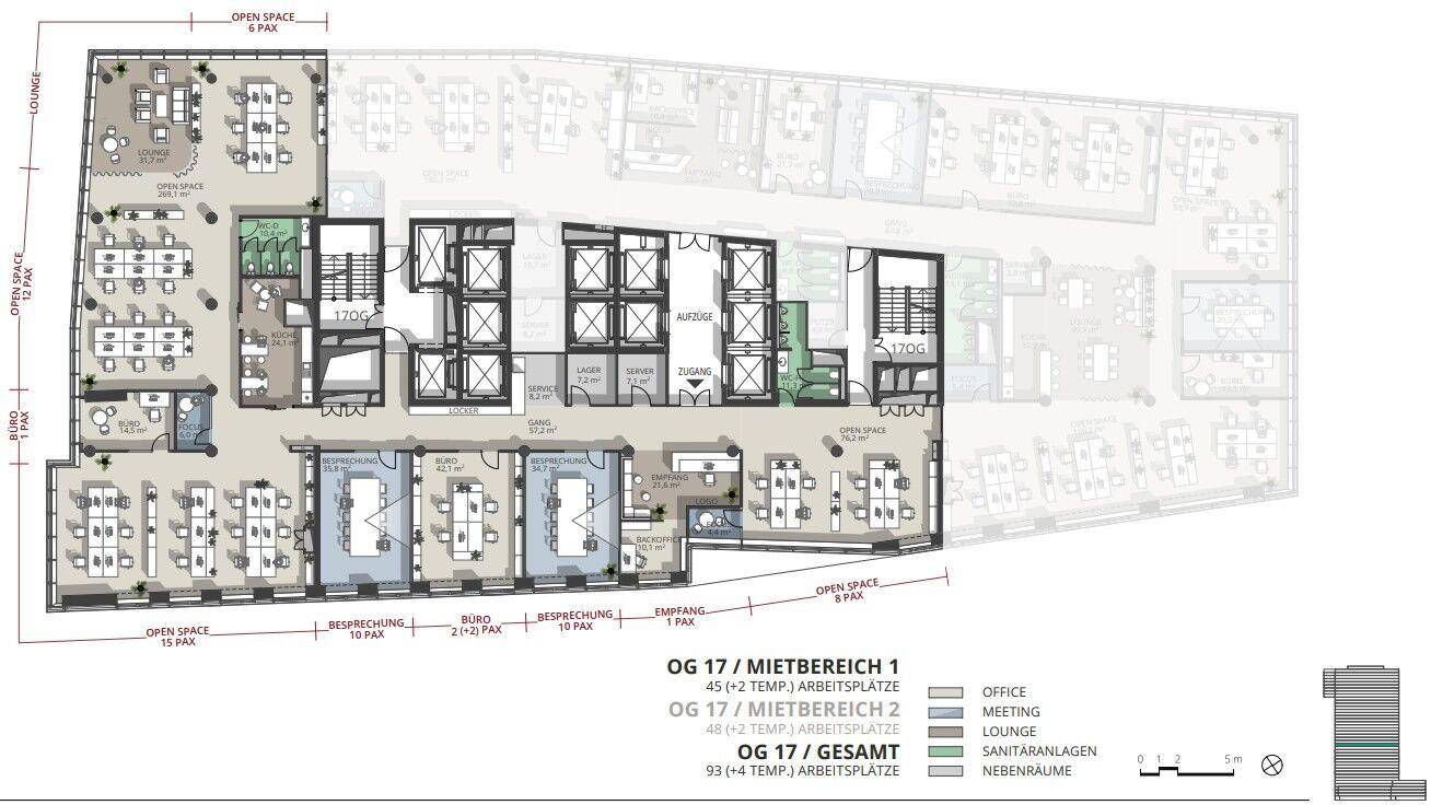 Detaillierter Büro-Grundriss für das OG 17 mit verschiedenen Arbeitsbereichen, Besprechungsräumen und Sanitäranlagen.