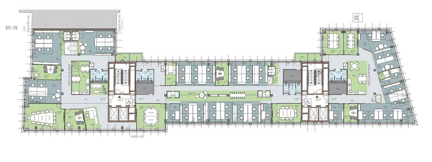 Übersichtlicher Grundriss mit flexiblen Büroflächen, Konferenzräumen und Sanitäranlagen auf einer Etage.