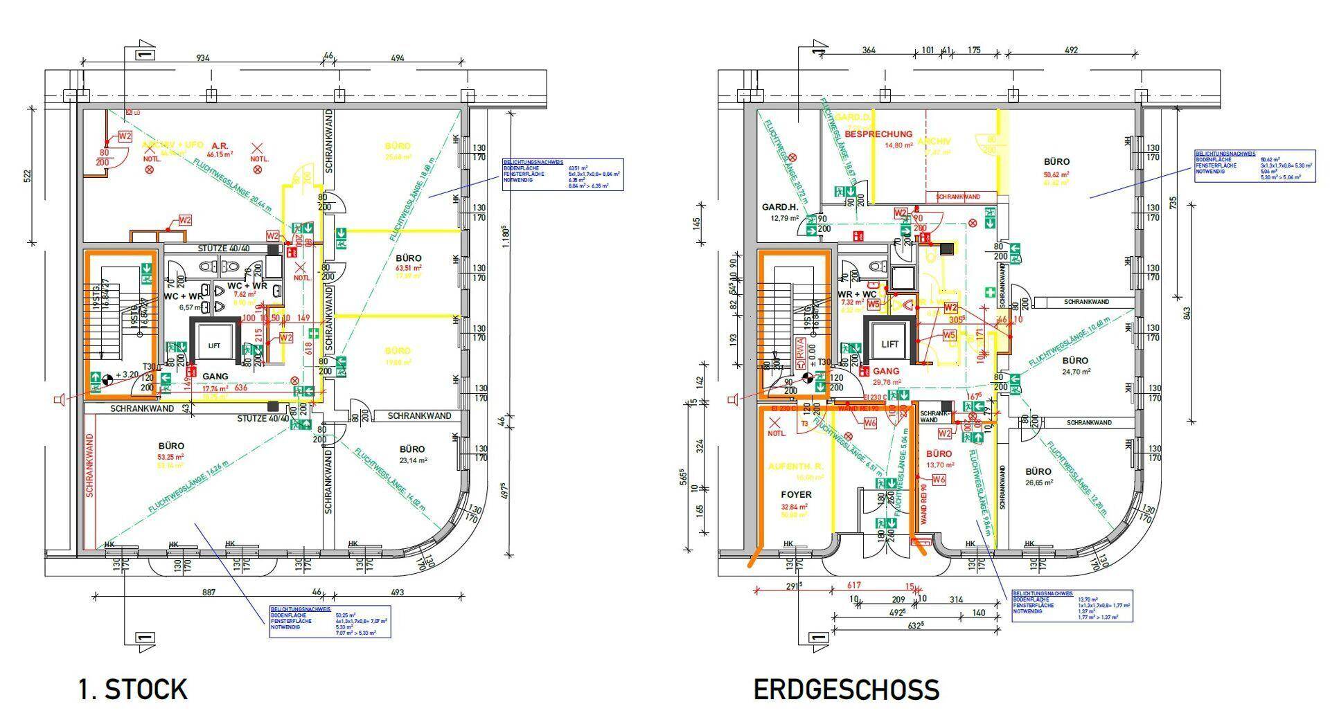 Grundrisspläne zeigen das Erdgeschoss und den ersten Stock eines modernen Bürogebäudes mit mehreren Büroeinheiten, WCs und Aufzug.