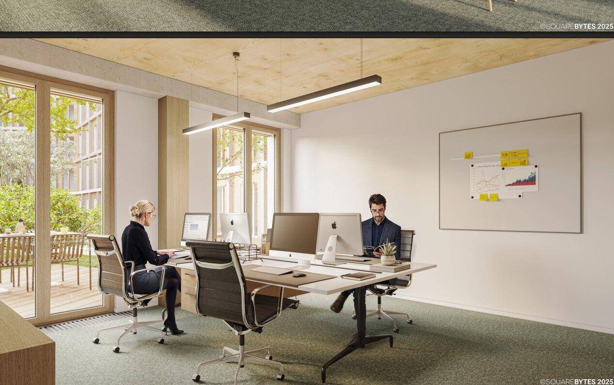 Helles Büro mit zwei Arbeitsplätzen, modernen Möbeln und Zugang zu einer Außenterrasse.
