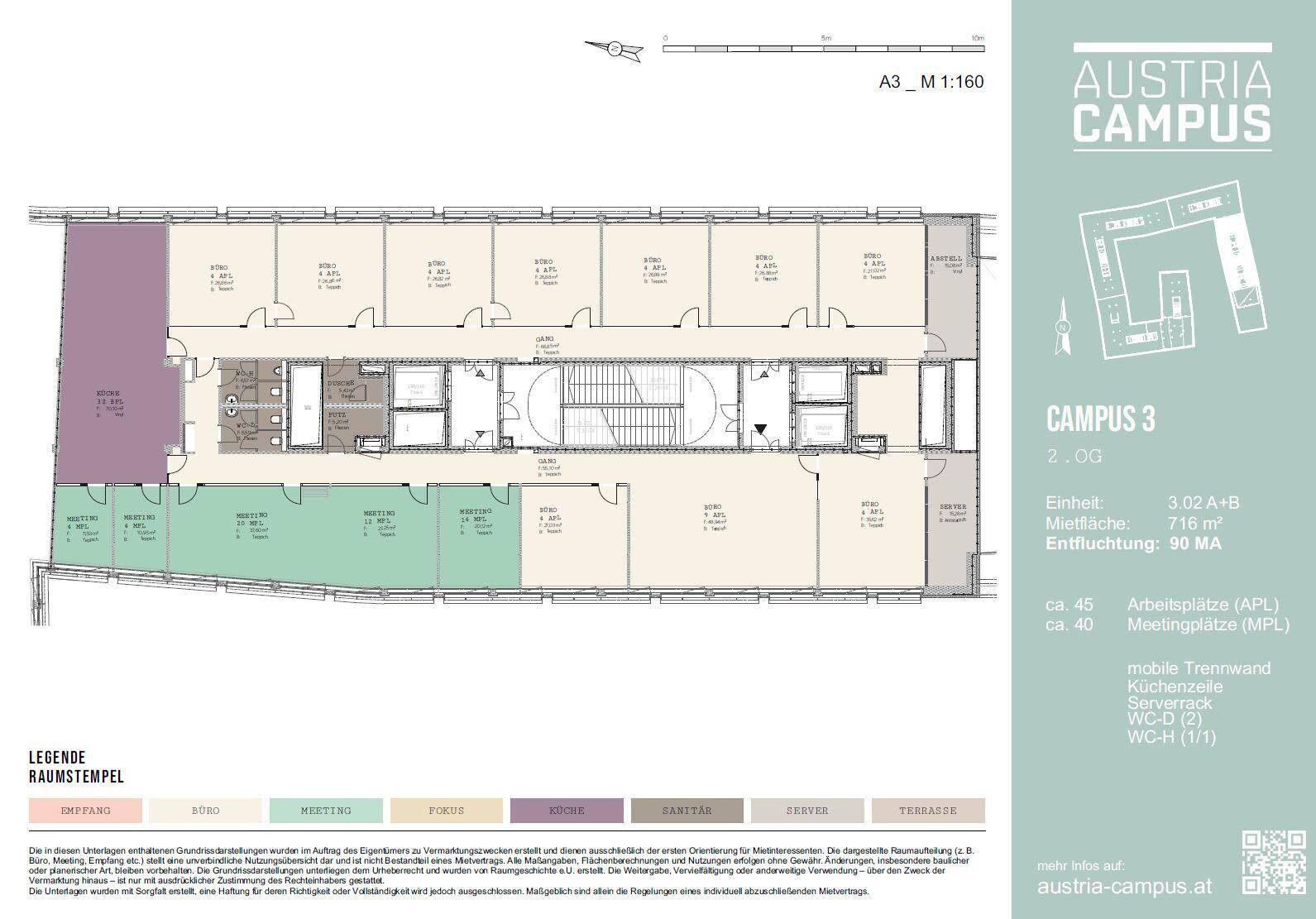 Detaillierter Grundriss des Austria Campus 3, zeigt Büroeinheiten und Gemeinschaftsflächen.