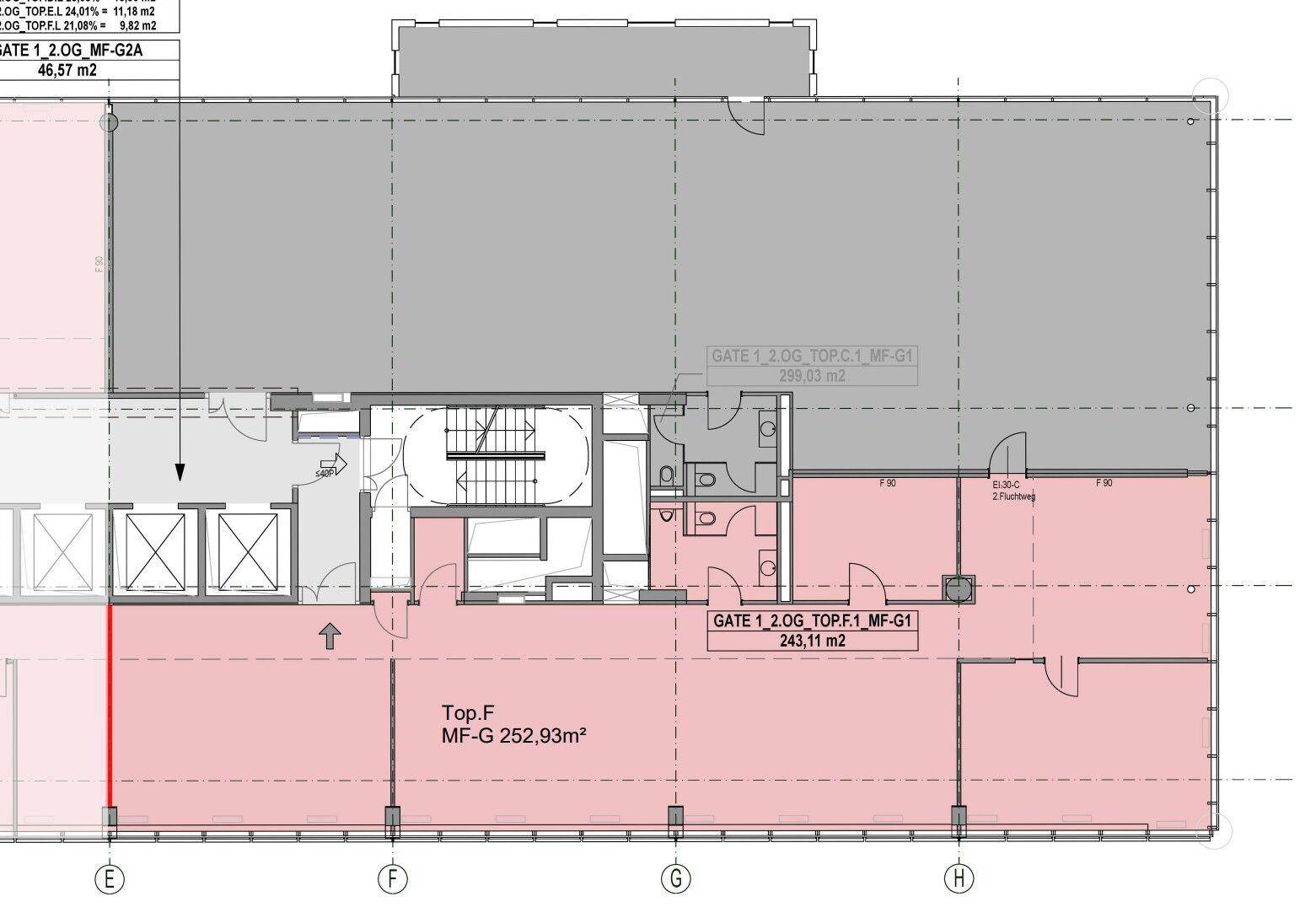 Grundriss einer Büroetage mit markierten Mietflächen, Treppenhauszugang und flexibler Raumaufteilung.