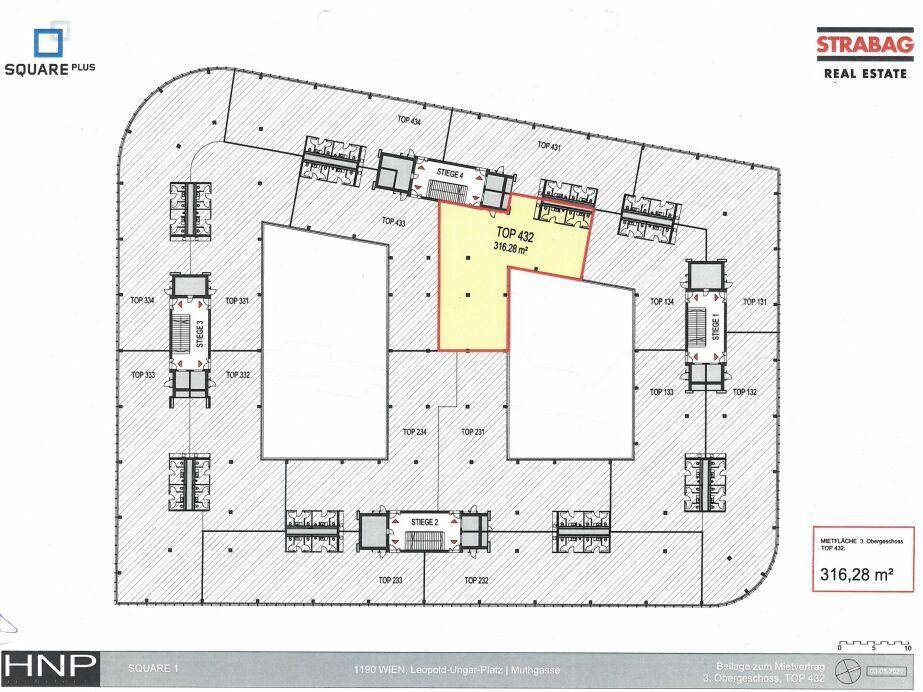 Grundriss einer Büroetage mit hervorgehobener Mietfläche und mehreren Treppenhäusern.