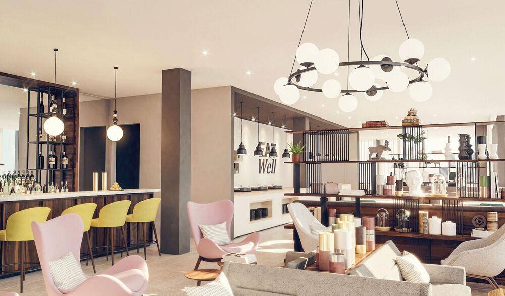 Stilvolle Lounge mit Bar, modernen Möbeln in Pastellfarben und dekorativen Regalen.