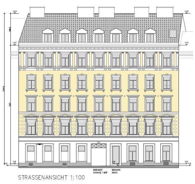 Architektonische Zeichnung der Straßenansicht eines Gebäudes mit vielen Fenstern und Dachgauben.