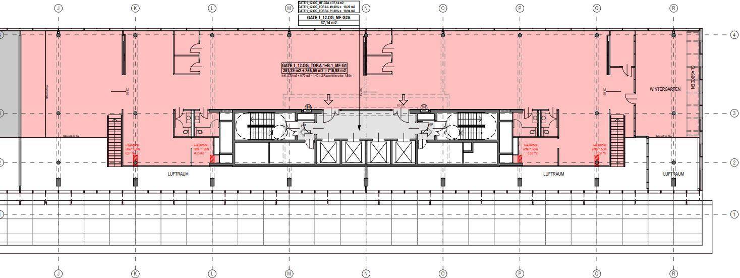 Langer Grundriss einer Büroetage mit zentralem Erschließungskern, Büroräumen und einem Wintergarten.
