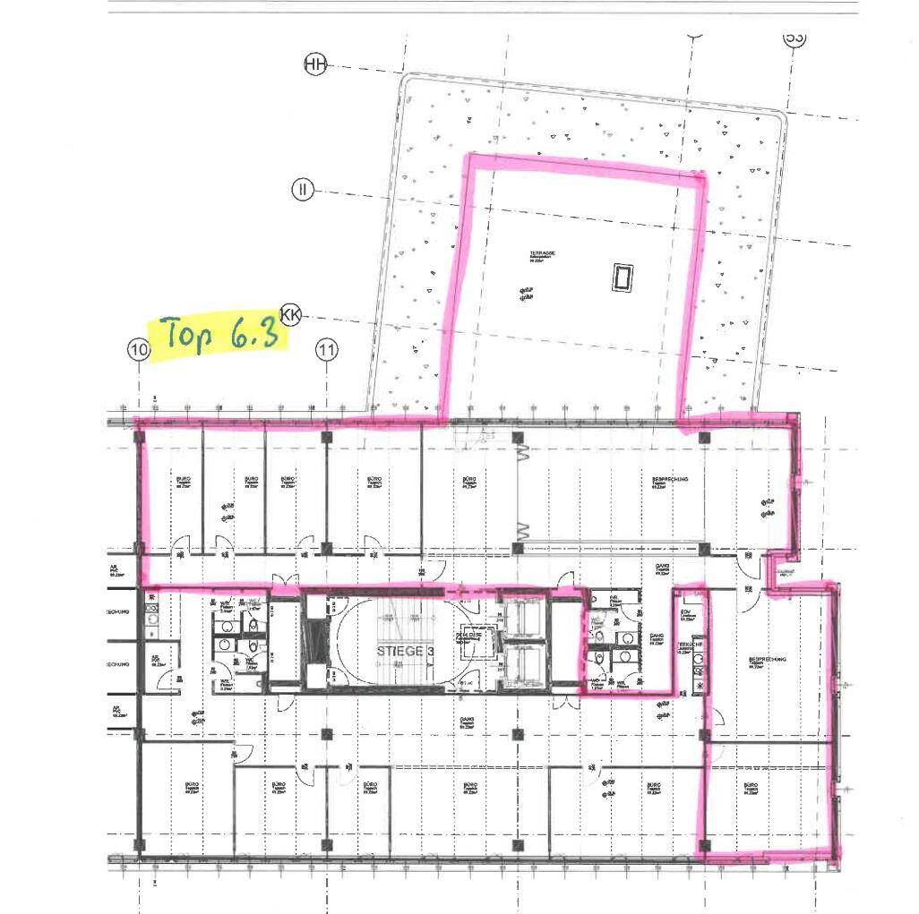 Grundriss eines Bürogeschosses mit einer großen Terrasse und mehreren Büroeinheiten für flexible Nutzung.