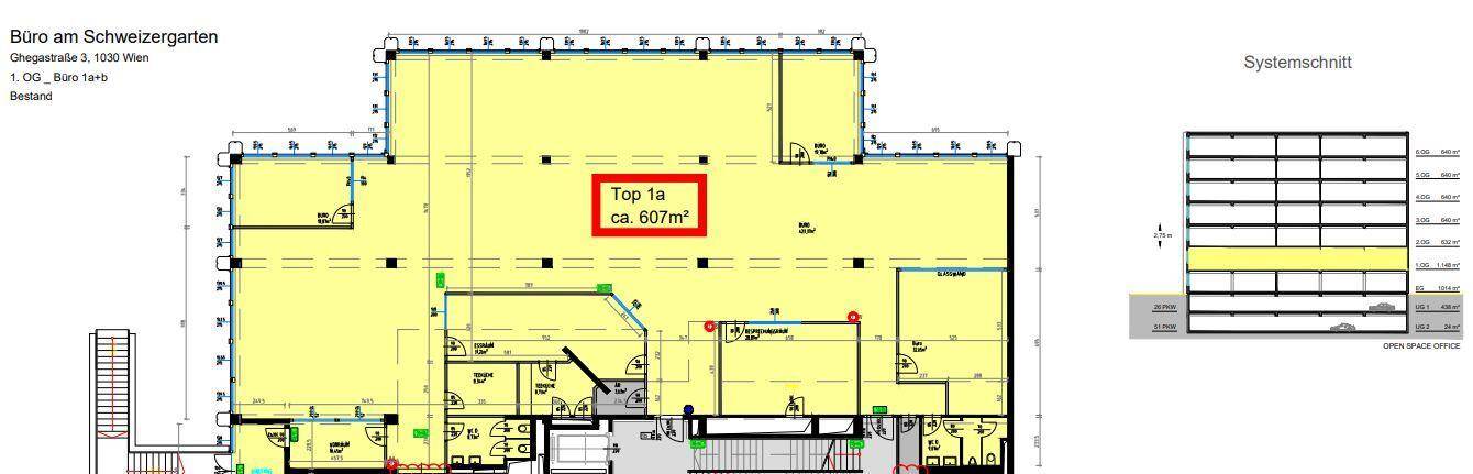 Grundriss eines Bürogeschosses mit einer markierten Fläche von 607m² und Treppenhauszugang.